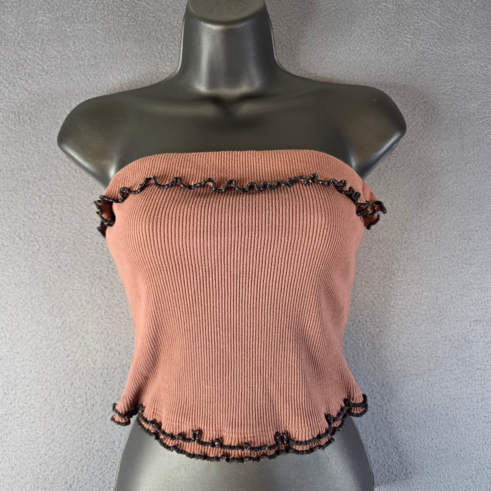 Free People Ellie Tube Top Women Small Brown Ribbed Lettuce Trim Festival Fairy